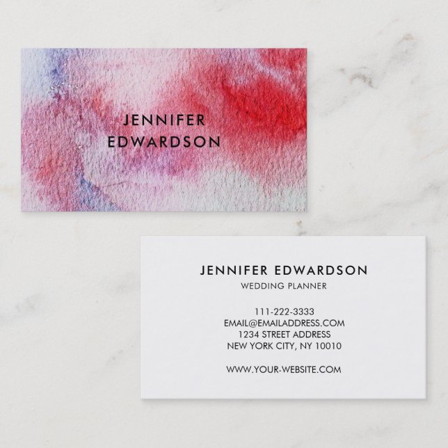 Modern handpainted watercolor blue pink splatter business card (Front/Back)