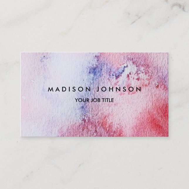 Modern handpainted watercolor blue pink splatter business card (Front)