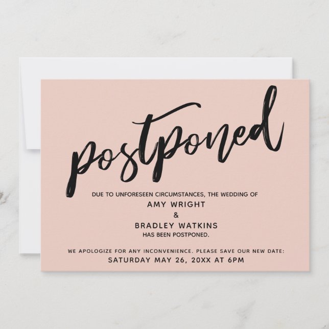 Modern Handwriting Blush Postponed Wedding Card (Front)