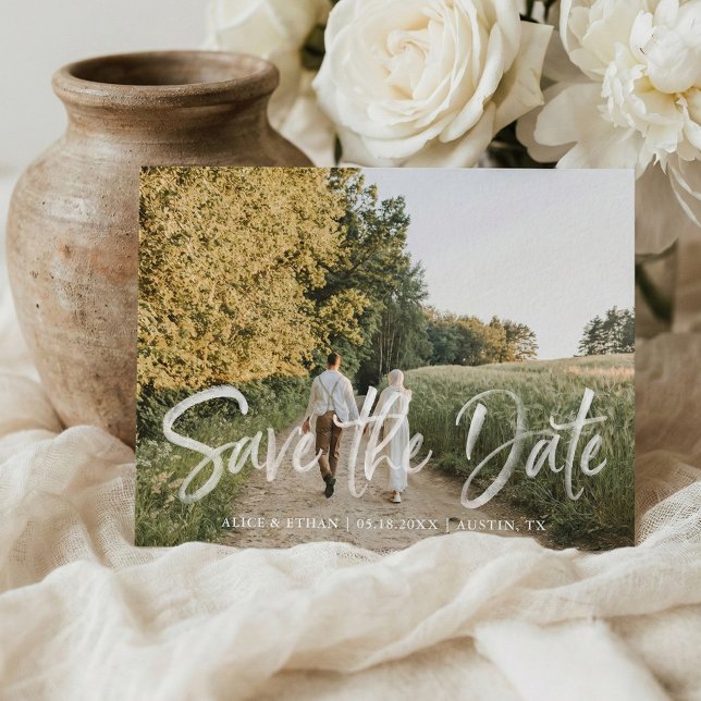 Modern Handwriting Brush White Save The Date Photo Announcement Postcard (Creator Uploaded)