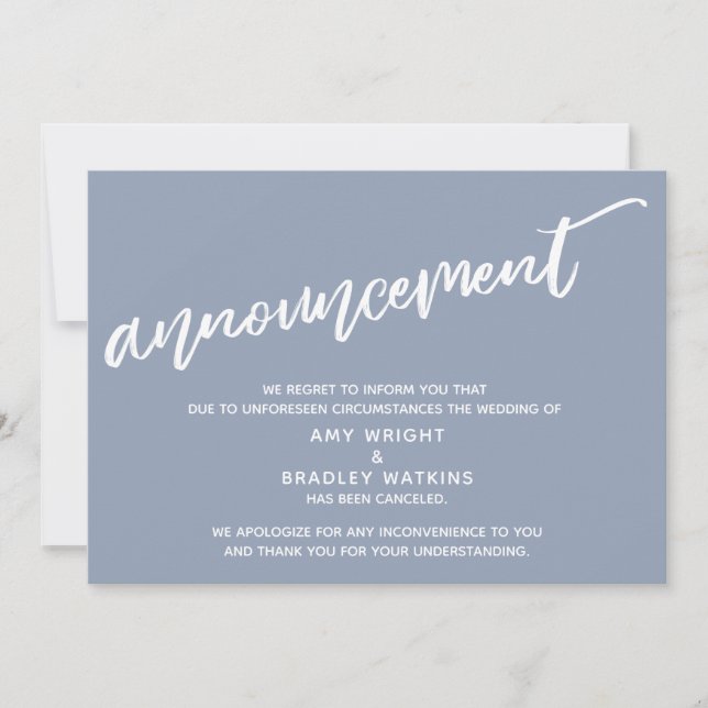 Modern Handwriting Cancelled Wedding Dusty Blue Invitation (Front)