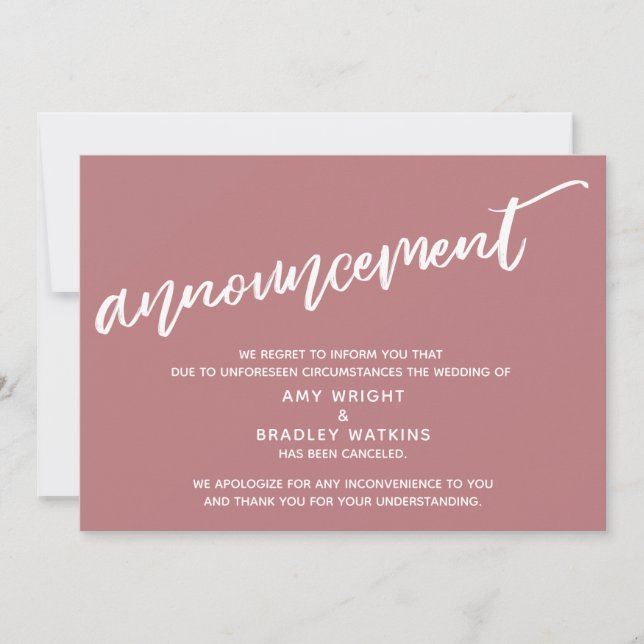 Modern Handwriting Cancelled Wedding Dusty Rose Invitation (Front)