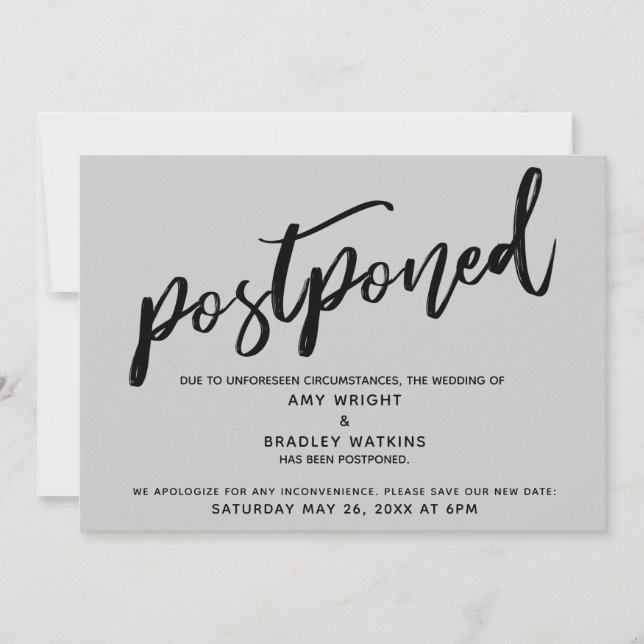 Modern Handwriting Grey Postponed Wedding Card (Front)