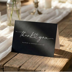 Modern Handwriting Heart Black and White Wedding Thank You Card