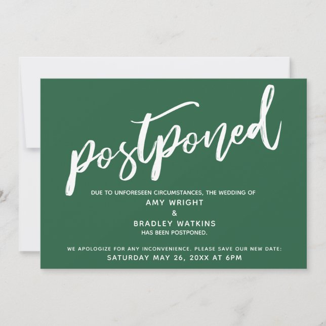 Modern Handwriting Postponed Wedding Dark Green Invitation (Front)