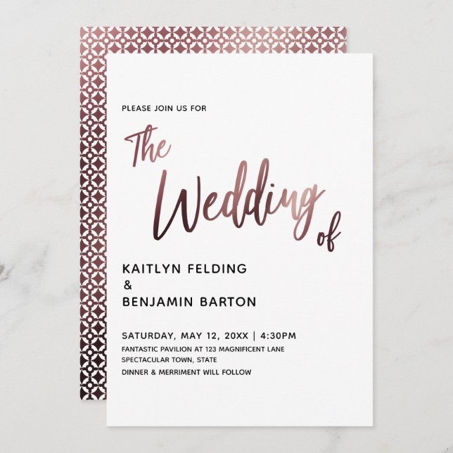 Modern Handwriting Rose Gold Wedding Invitation (Front/Back)