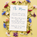 Modern Handwriting Script Blue Casual Wedding<br><div class="desc">This casual and modern wedding menu with a font that mimics handwriting is perfect for a summer wedding, casual wedding or any other celebration where you would like to use custom menu cards. This menu template features a blue background - all colours of this wedding menu card can be customised...</div>