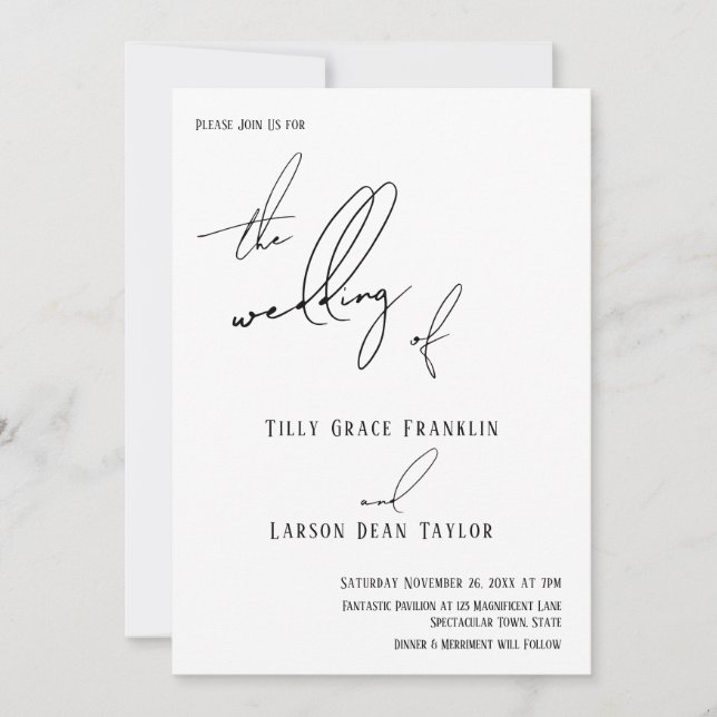 Modern Handwriting Simple "The Wedding of" White Invitation (Front)