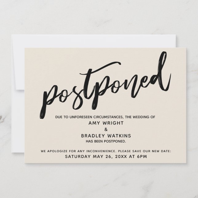 Modern Handwriting Wedding Postponed Cream Card (Front)