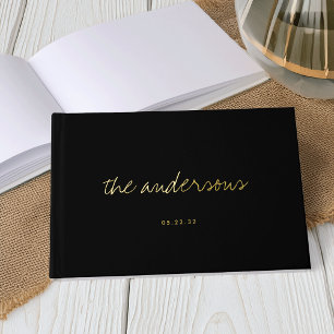 Modern Handwritten Black and Gold Wedding Guest Book