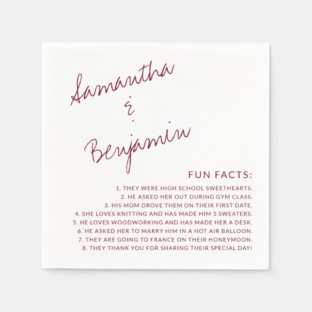 Modern Handwritten Burgundy Fun Facts Wedding Napkin (Front)