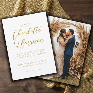 Modern Handwritten Gold Script Photo Wedding Invitation