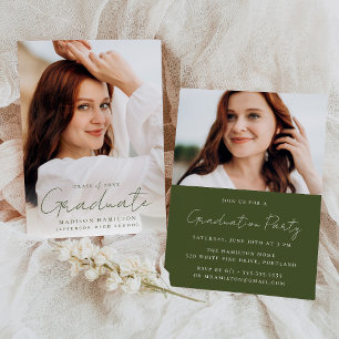 Modern Handwritten Green Script 2 Photo Graduation Invitation