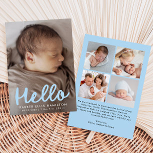 Modern Handwritten Hello Blue Photo Collage Birth Announcement