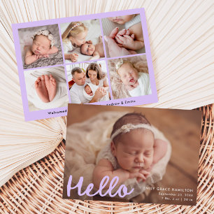 Modern Handwritten Hello Lavender Photo Birth Announcement