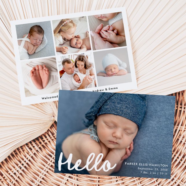Modern Handwritten Hello Photo Collage Birth Announcement (Creator Uploaded)