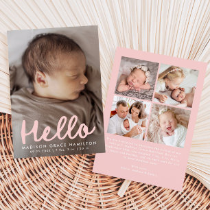 Modern Handwritten Hello Pink Photo Collage Birth Announcement