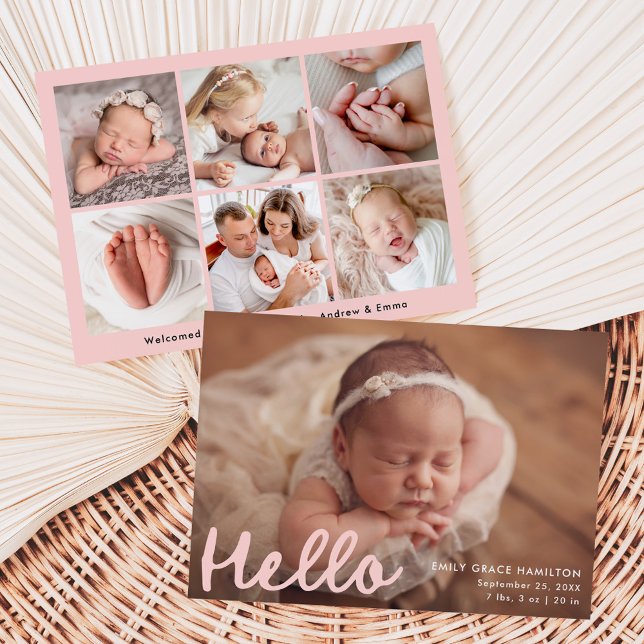 Modern Handwritten Hello Pink Photo Collage Birth Announcement (Creator Uploaded)