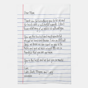 Modern Handwritten Letter on Lined Paper for Mum Tea Towel