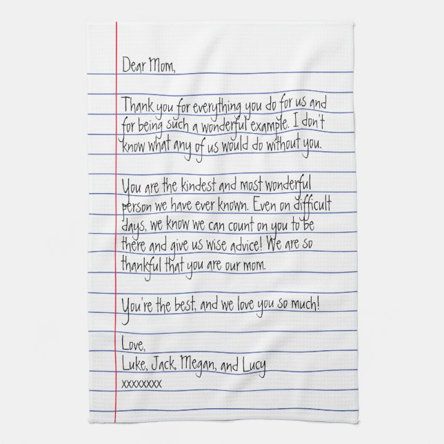 Modern Handwritten Letter on Lined Paper for Mum Tea Towel (Vertical)