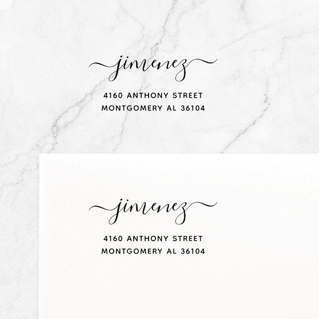 Modern Handwritten Name & Return Address 08c. Self-inking Stamp (Modern, elegant calligraphy font with swashes family name self-inking return address stamp.)