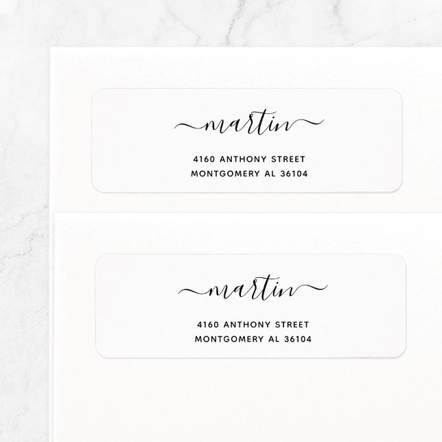 Modern Handwritten Name & Return Address 08e. (Simple, basic return address label in black and white features modern script name with swashes.)