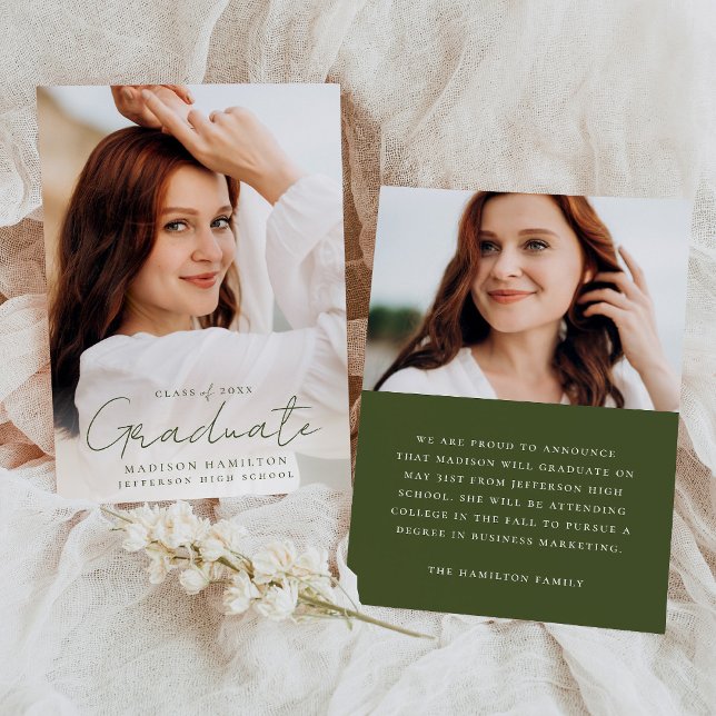 Modern Handwritten Olive Script 2 Photo Graduation Announcement (Creator Uploaded)