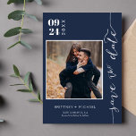 Modern Handwritten Photo Save The Date Navy Blue<br><div class="desc">Pick the best pictures from your engagement shoot or your favourite pictures of the two of you for this perfect save-the-date. The words save the date are handwritten to give a personal feel to the card. The front has 1 image and the back has a large image with a white...</div>