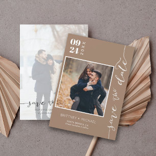 Modern Handwritten Photo Save The Date Tan