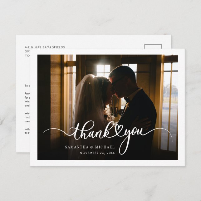 Modern Handwritten Photo Wedding Thank You Postcard (Front/Back)
