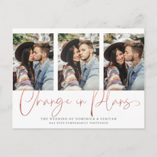 Modern Handwritten Rose Gold Wedding Postponement Postcard