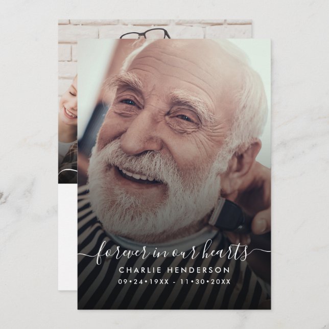 Modern Handwritten Script 2-Photo Funeral/Death Thank You Card (Front/Back)