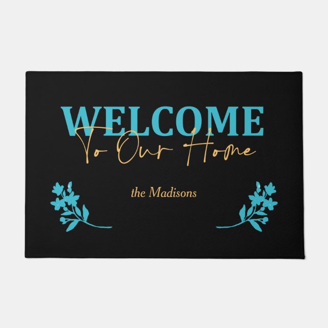 Modern Handwritten Script and Floral Welcome Doormat (Front)