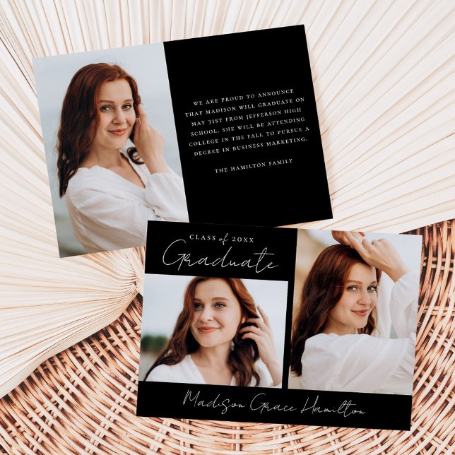 Modern Handwritten Script Black 3 Photo Graduation Announcement (Creator Uploaded)
