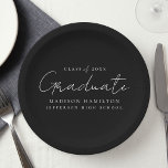 Modern Handwritten Script Black Graduation Paper Plate<br><div class="desc">Elevate your graduation party decor with our stylish graduation paper plates! Featuring a chic handwritten white script and black background, these paper plates add a touch of sophistication to your celebration. Personalise them with the graduate's name, graduation year, and school name. Whether you're serving snacks or drinks, these plates are...</div>