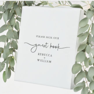 Modern Handwritten Script Black White Guest Book Pedestal Sign