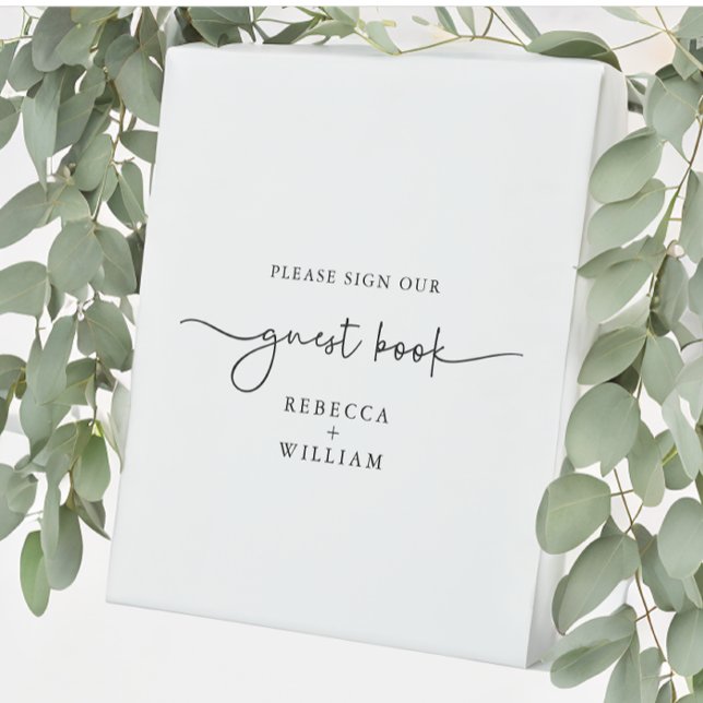 Modern Handwritten Script Black White Guest Book Pedestal Sign (Creator Uploaded)