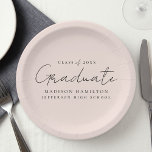 Modern Handwritten Script Blush Graduation Paper Plate<br><div class="desc">Elevate your graduation party decor with our stylish graduation paper plates! Featuring a chic handwritten black script and blush background, these paper plates add a touch of sophistication to your celebration. Personalise them with the graduate's name, graduation year, and school name. Whether you're serving snacks or drinks, these plates are...</div>