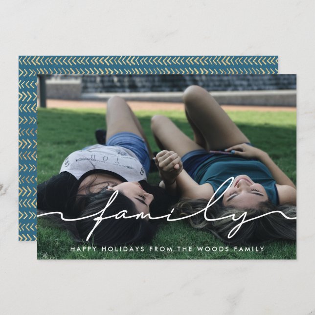 Modern Handwritten Script Family Photo Holiday Card (Front/Back)