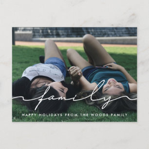 Modern handwritten script family photo holiday postcard