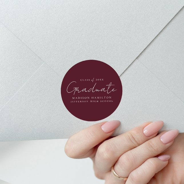 Modern Handwritten Script Maroon Graduation Classic Round Sticker (Creator Uploaded)