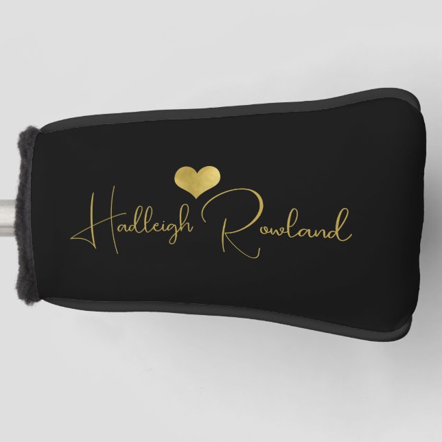 Modern Handwritten Script Name Monogram Black Golf Head Cover (Front)