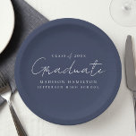 Modern Handwritten Script Navy Graduation Paper Plate<br><div class="desc">Elevate your graduation party decor with our stylish graduation paper plates! Featuring a chic handwritten white script and a navy background, these paper plates add a touch of sophistication to your celebration. Personalise them with the graduate's name, graduation year, and school name. Whether you're serving snacks or drinks, these plates...</div>
