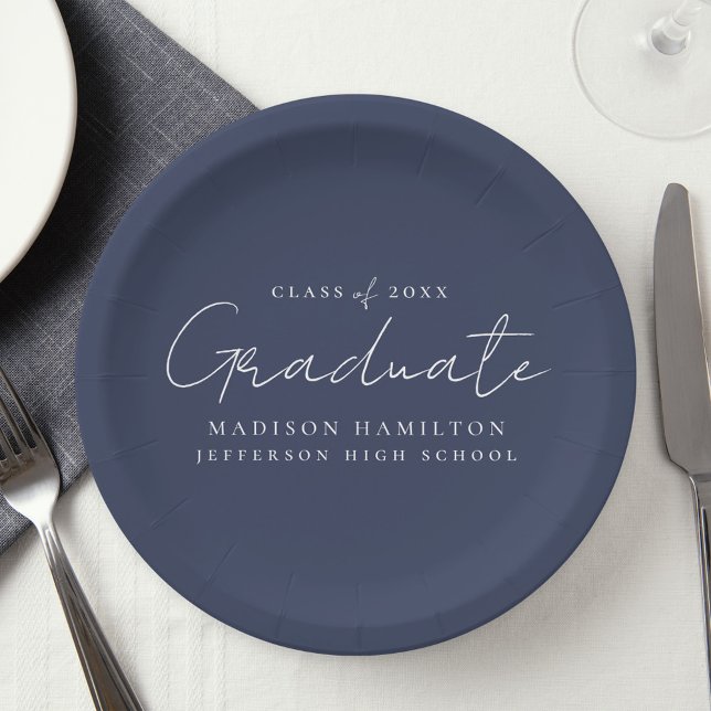 Modern Handwritten Script Navy Graduation Paper Plate (Creator Uploaded)