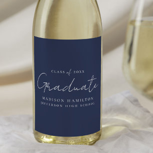 Modern Handwritten Script Navy Graduation Wine Label