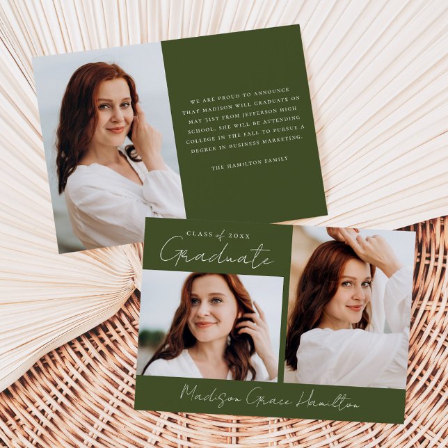 Modern Handwritten Script Olive 3 Photo Graduation Announcement (Creator Uploaded)
