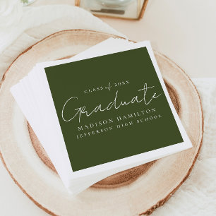 Modern Handwritten Script Olive Green Graduation Napkin