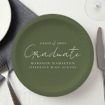 Modern Handwritten Script Olive Green Graduation Paper Plate<br><div class="desc">Elevate your graduation party decor with our stylish graduation paper plates! Featuring a chic handwritten white script and an olive green background, these paper plates add a touch of sophistication to your celebration. Personalise them with the graduate's name, graduation year, and school name. Whether you're serving snacks or drinks, these...</div>