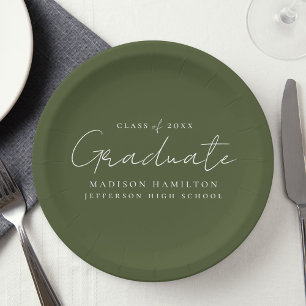 Modern Handwritten Script Olive Green Graduation Paper Plate