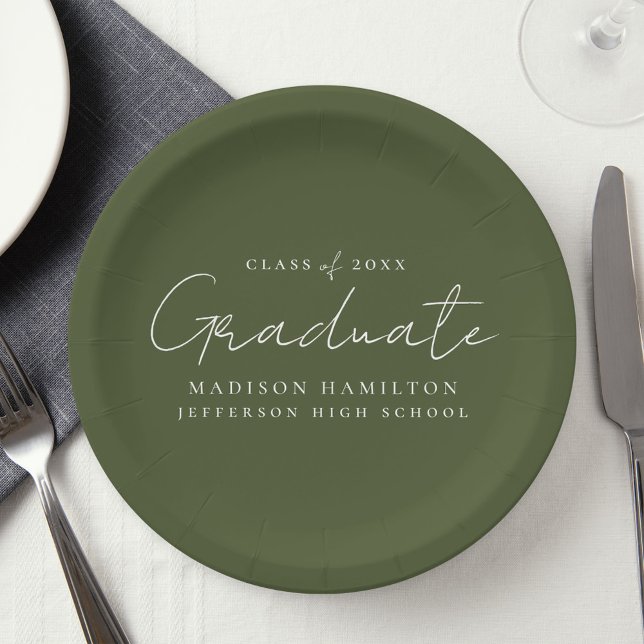 Modern Handwritten Script Olive Green Graduation Paper Plate (Creator Uploaded)